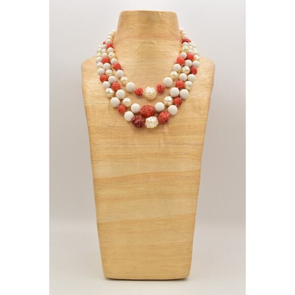 Japan Vintage Beaded Necklace Orange White Pearl Layered Chunky Signed 60s Bin7B - Picture 6 of 12